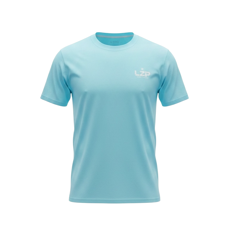 T-shirt technique bleu ciel Luz Padel respirant avec logo LZP sur la poitrine, idéal pour le sport et le quotidien.